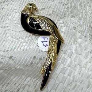 Vintage Gold-Tone Enamel & Rhinestone Parrot Brooch With Emerald Eye